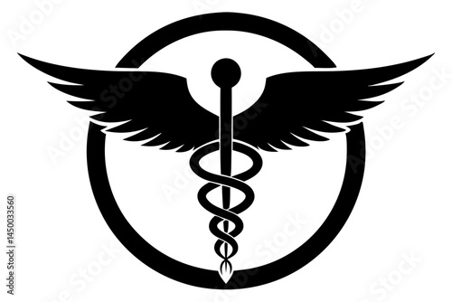 Caduceus silhouette in circle isolated on white healthcare symbol design, caduceus, silhouette, circle, medical, symbol, healthcare, snake, medicine, staff, outline, vector, design, illness, emblem