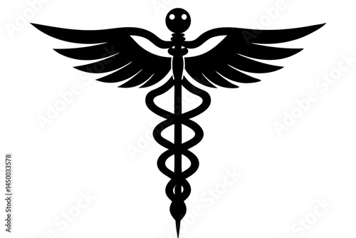 Caduceus silhouette with a staff and small spherical topping medicine symbol, caduceus, silhouette, staff, sphere, medicine, symbol, healthcare, medical, design, vector, illustration, emblem, sign