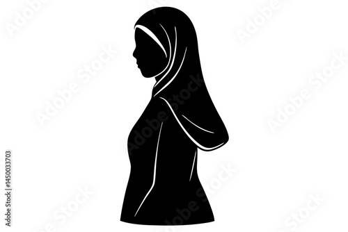 Elegant silhouette of a woman wearing hijab with minimalist design on white, woman, hijab, silhouette, muslim, islam, islamic, religion, religious, headscarf, female, girl, traditional, modest, modest