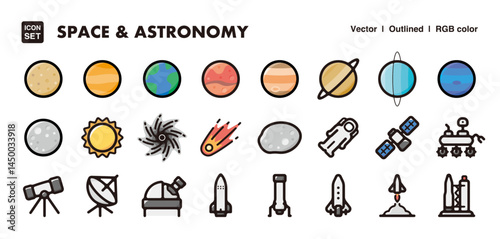 Space and astronomy illustration icon set.Simple vector outlines, clipart for graphic design.	