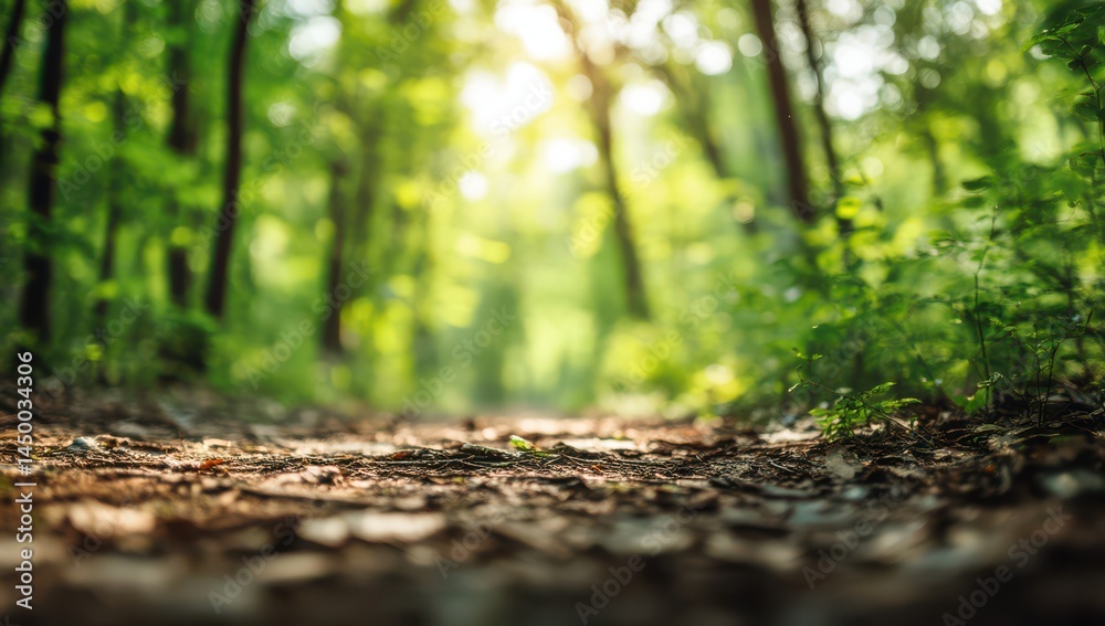 Fototapeta premium Beautiful nature background with sunlight in a green forest, blurred trees, and leaves on the ground