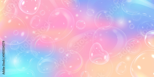 3D soap bubbles on colorful gradient, vector abstract background, realistic transparent water blobs, foam drops glares