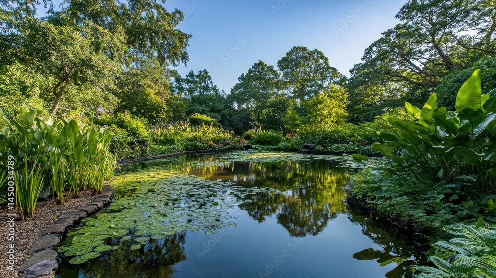 Fototapeta premium Pond with lush greenery and sky reflection