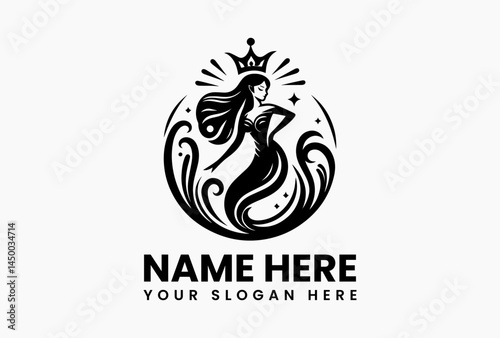 Ornate Art Nouveau mermaid with floral tail, vintage vector logo for spas and luxury beauty brands  