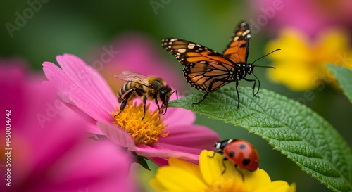 Vibrant Garden: Butterfly, Bee, and Ladybug on Cosmos