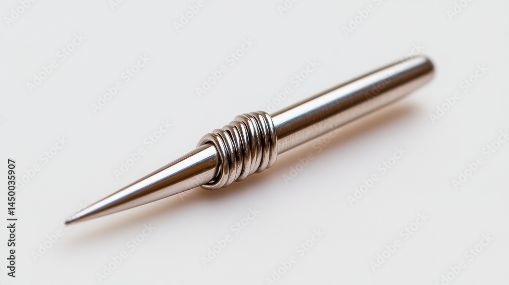 Macro shot of a silver needle with a looped thread, hyper-detailed clarity on an absolutely white background. Macro shot of a silver needle with a looped thread, hyper-detailed clarity on an absolutely white background.