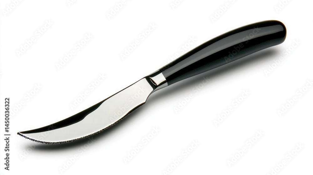 Macro shot of a silver-plated cheese knife with a curved blade, hyper-detailed clarity on an absolutely white background. Macro shot of a silver-plated cheese knife with a curved blade, hyper-detailed clarity on an absolutely white background.