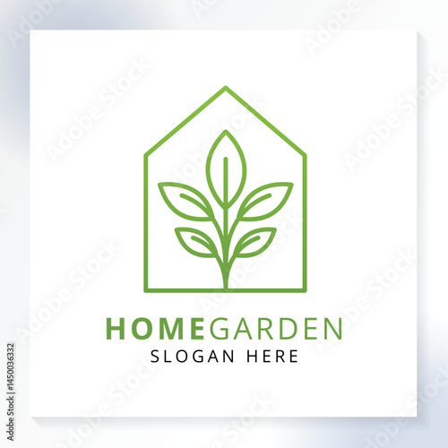 Home Garden modern nature logo. Home Garden Logo with Plant and House Outline