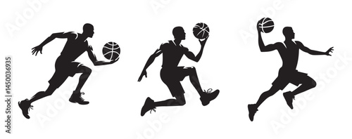 Basketball player black soild silhouette design bundle, logo icon