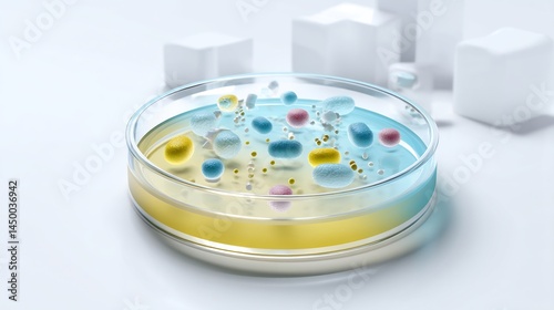 Illustration of petri dish filled bacteria being tested antibiotic susceptibility Different antibiotic placed dish showing varying degree of inhibition background white highlighting laboratory testing