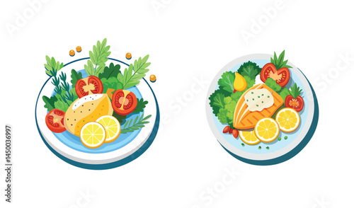 Healthy seafood meals with fresh vegetables and lemon slices on plates