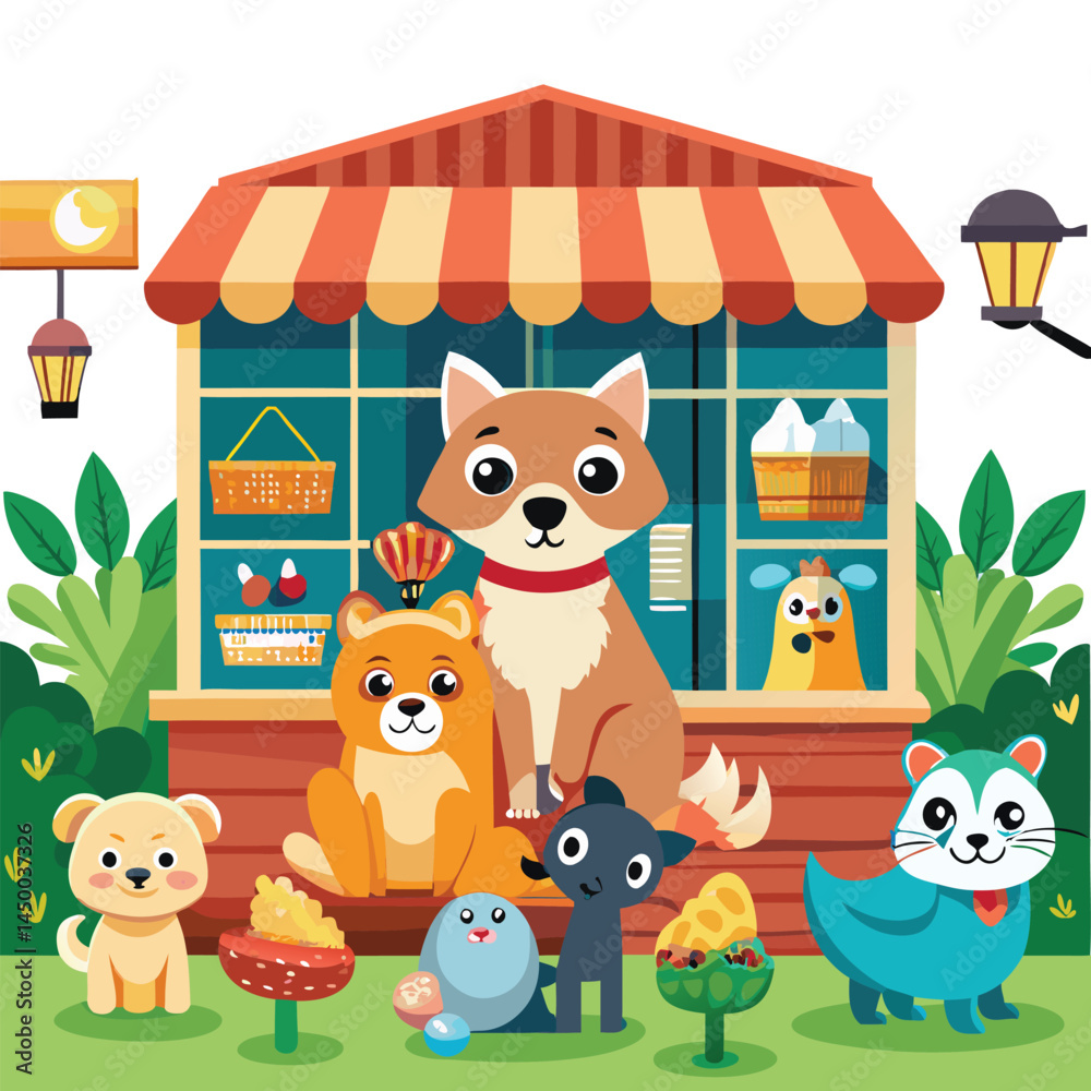 Fototapeta premium Cute cartoon animals enjoying treats outside a charming pet shop building