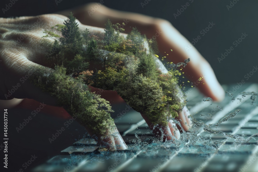 Naklejka premium An artistic concept of nature merging with technology on a computer keyboard, with water.