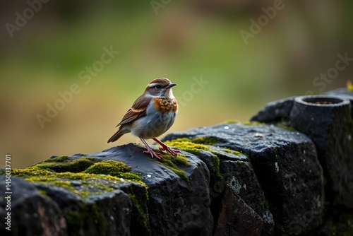 Rufous-tailed scrub robin perched on a mossy stone wall