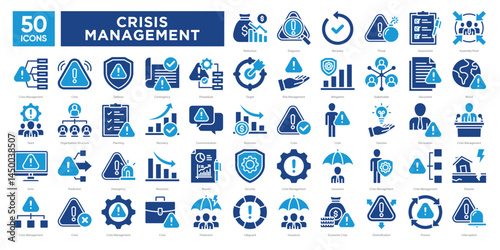 Crisis management icons collection set, including risk assessment, communication, recovery, planning, and emergency response. Ideal for business continuity, safety protocols, and strategic planning.