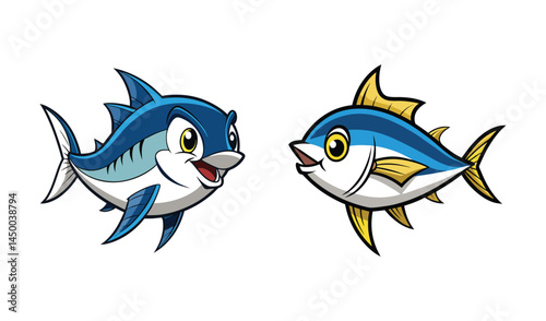Two cartoon tuna fish smiling and looking at each other with happy expressions