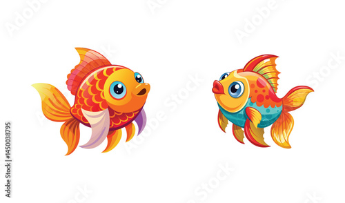 Two cartoon goldfish with bright colors swimming in opposite directions
