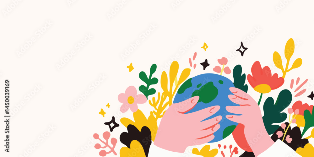 Fototapeta premium A caring pair of hands tenderly cradles a vibrant globe, symbolizing environmental preservation and global responsibility amidst an explosion of nature's beauty.