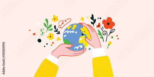 An illustration of hands gently cradling the Earth, surrounded by blossoming flowers, it embodies the essence of nurturing and protecting our planet.