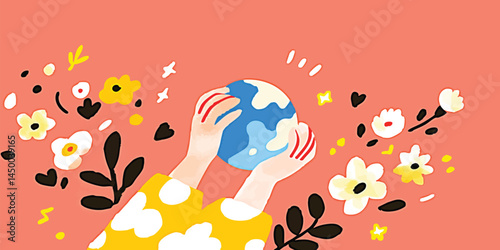 A pair of hands gently cradles a small globe, surrounded by vibrant flowers and leaves against a coral background, symbolizing environmental care and global responsibility.
