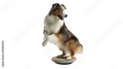 Realistic Dog Performing Balance Exercise on Wobble Disc Isolated on White Transparent Background