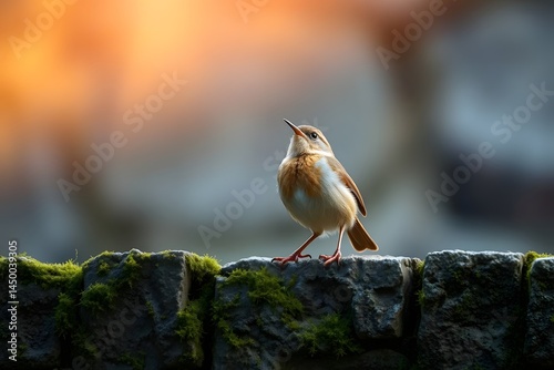 Tiny Bird on a Mossy Wall in Golden Light