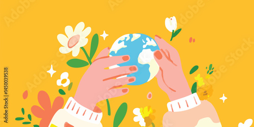 A representation of hands cradling the earth, intertwined with blossoms and greenery against a yellow backdrop, symbolizing global unity and environmental stewardship.