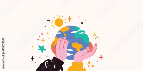 A vibrant illustration showcasing hands cradling a globe, symbolizing care and protecting the earth. Expressing the beauty of our planet and promoting environmental stewardship.