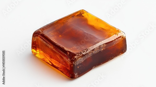 Photorealistic close-up of a violin rosin block, precise details, floating on a white background.
