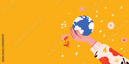 A creative illustration that portrays the hand holding the earth, symbolizing environment protection and harmony with the universe. Perfect for Earth Day or any ecological theme.