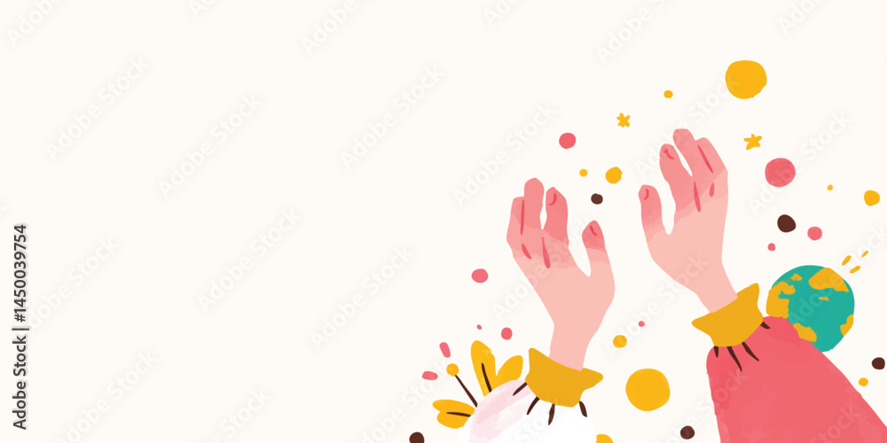 Fototapeta premium Gentle hands reaching upwards in a gesture of hope and unity, with planet and colorful details, inviting the viewer to contemplate connection.