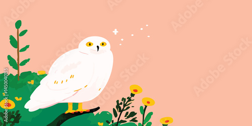 A majestic white owl, perches elegantly on a branch, its bright eyes fixated, with twinkling stars of magical charm and beauty. Evokes a sense of serenity and mystery.