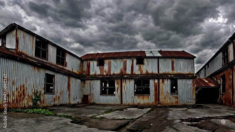 Abandoned Factory with Rusty Structure Under Cloudy Sky Panorama Abandoned Factory with Rusty Structure Under Cloudy Sky Panorama