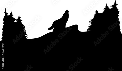 Silhouette of Howling Wolf on Mountain Ridge | Dramatic Black and White Illustration