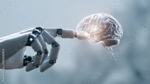 Robot fingertip gently touches a glowing artificial brain in a symbolic AI interaction