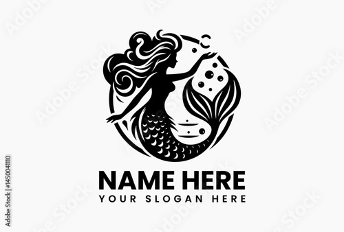 Stylized mermaid silhouette vector logo with curved figure and decorative tail, mythical ocean creature design ideal for nautical, fairytale, and coastal branding  
