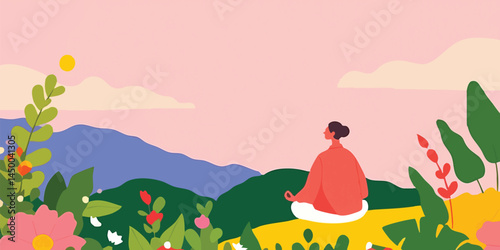 Serene woman meditating amidst vibrant flora, overlooking tranquil mountain vista at dawn.