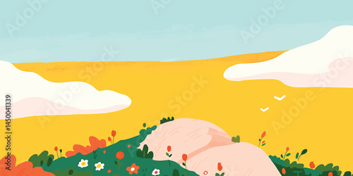 A vibrant, stylized landscape evokes a sense of calm and tranquility, with rolling hills, wildflowers, and a clear, expansive sky. The soft hues and minimalist style suggest peace and serenity.