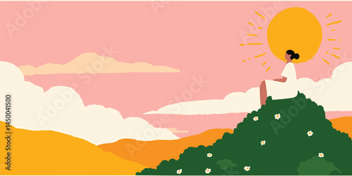 An individual finds solace on a hilltop, observing a sunrise, capturing peaceful emotions, with nature's beauty under a warm sky.