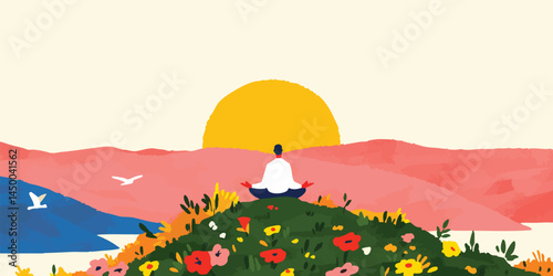 A serene figure finds tranquility during meditation on a picturesque hilltop. The sun gently casts its light on the scene, as the person finds a peaceful state in this inspiring landscape.