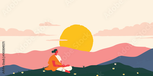 A person finds serenity as they immerse themselves in peaceful meditation amidst a serene landscape, embracing the tranquility of a new day as the sun rises.