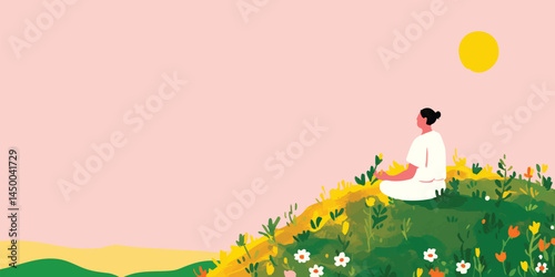 Woman meditating on a hilltop amidst blooming wildflowers, bathed in the warm glow of a setting sun.  A sense of peace and tranquility pervades the scene.