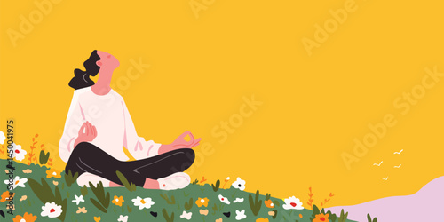 A serene individual practices mindfulness in a vibrant field filled with wildflowers. The image conveys tranquility and connection with nature.