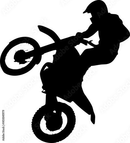 Silhouette of Motorcycle Stunt Rider Performing Wheelie | Dynamic Black and White Illustration