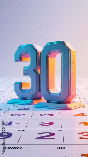  a calendar page featuring the number 30 Days in a bold, 3D font, prominently protruding from the page, as if bursting out of the surface,