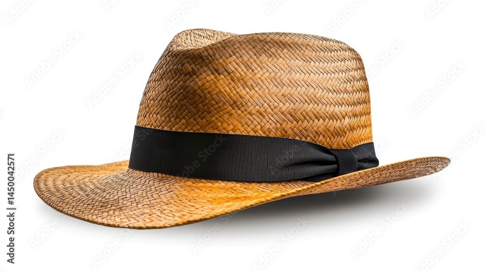 Photorealistic image of a handwoven straw hat with a black ribbon, isolated on an ideal white background. Photorealistic image of a handwoven straw hat with a black ribbon, isolated on an ideal white background.