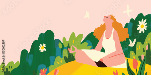 A serene woman meditating in a tranquil garden scene, exuding inner peace, surrounded by flowers and nature, conveying a sense of calm and mindfulness.