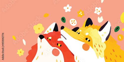 Two adorable foxes, their faces upturned, appear to be gazing in wonder at the blooming flowers, celebrating the arrival of spring in a lively and heartwarming scene.