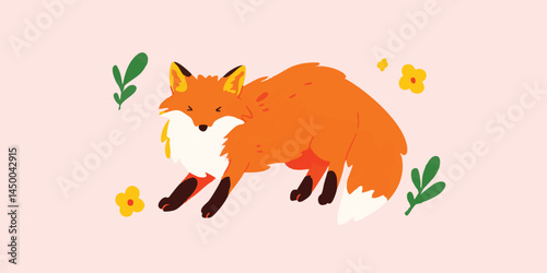 A vibrant and playful fox, rendered in a charming illustration style, frolics amidst delicate floral accents, exuding an air of cheerful energy.