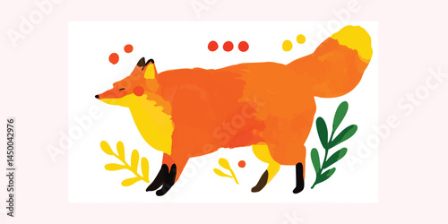 A playful illustration of a vibrant fox with a bushy tail and a bright, expressive gaze. The fox stands amidst colorful leaves, creating a whimsical and inviting scene. 